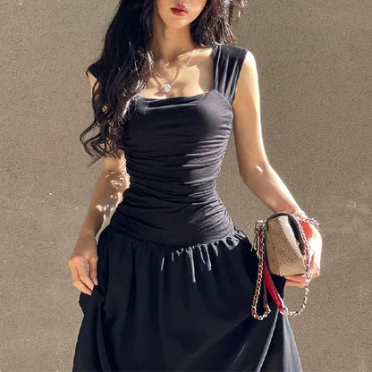 Casual Elegant Summer Dress – High-Waist Solid Ruched Maxi Dress