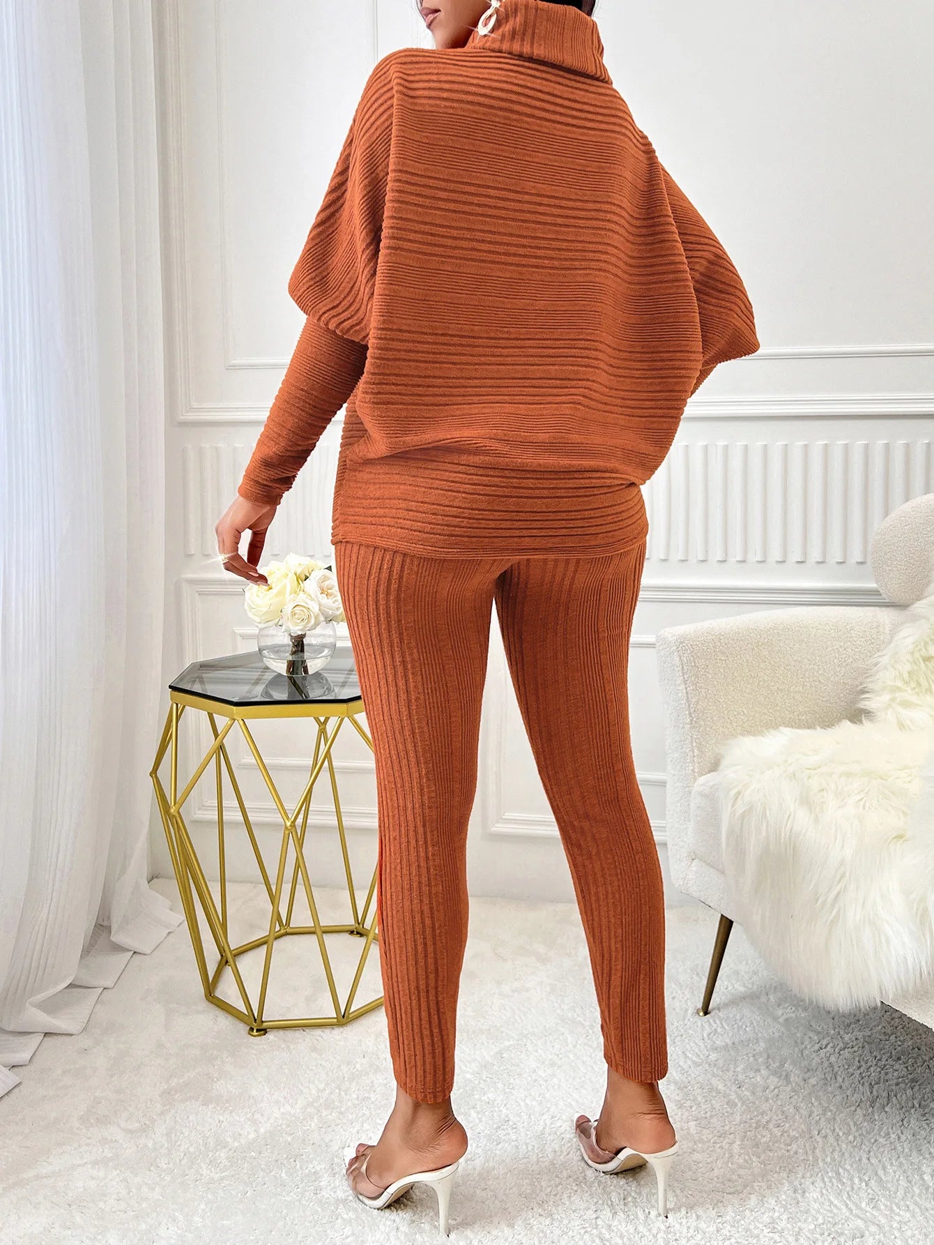 Street Style Two-Piece – High-Neck Top & Slim Knit Pants for Women