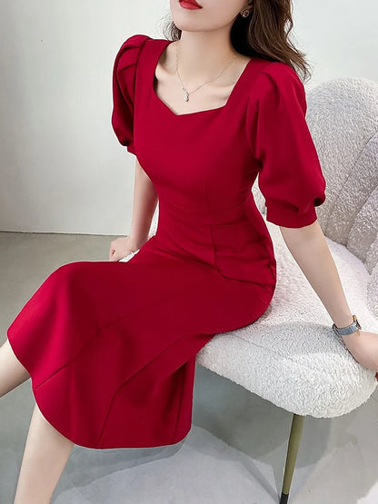 Fashionable Summer Dress – Slim Fit Square Collar Bubble Sleeve