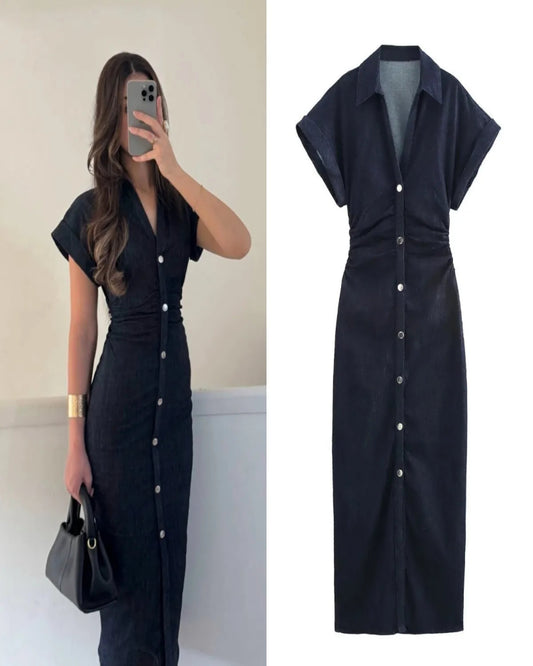 Fashionable Women’s Midi Dress – Lapel Denim Slim Waist Dress