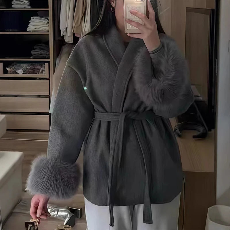 Elegant Woolen Coat – Women’s Full Sleeve Loose Short Coat with Belt