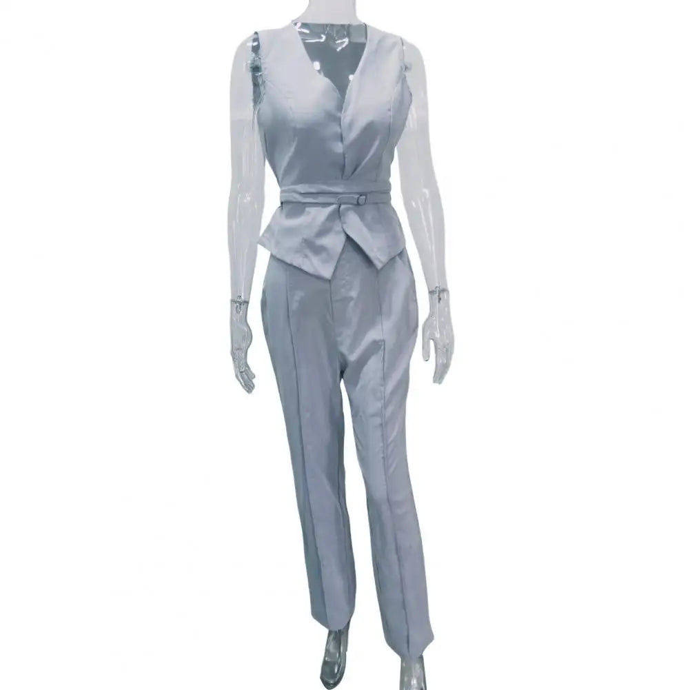 Office Lady 2 Pcs Set – Sleeveless Waistcoat & Straight Pants with Tie Belt