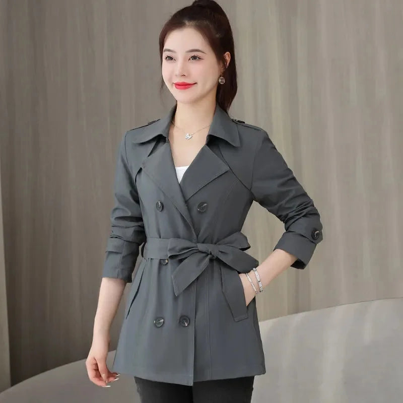 Spring Outerwear for Women – Belted Double-Breasted Long Sleeve Jacket
