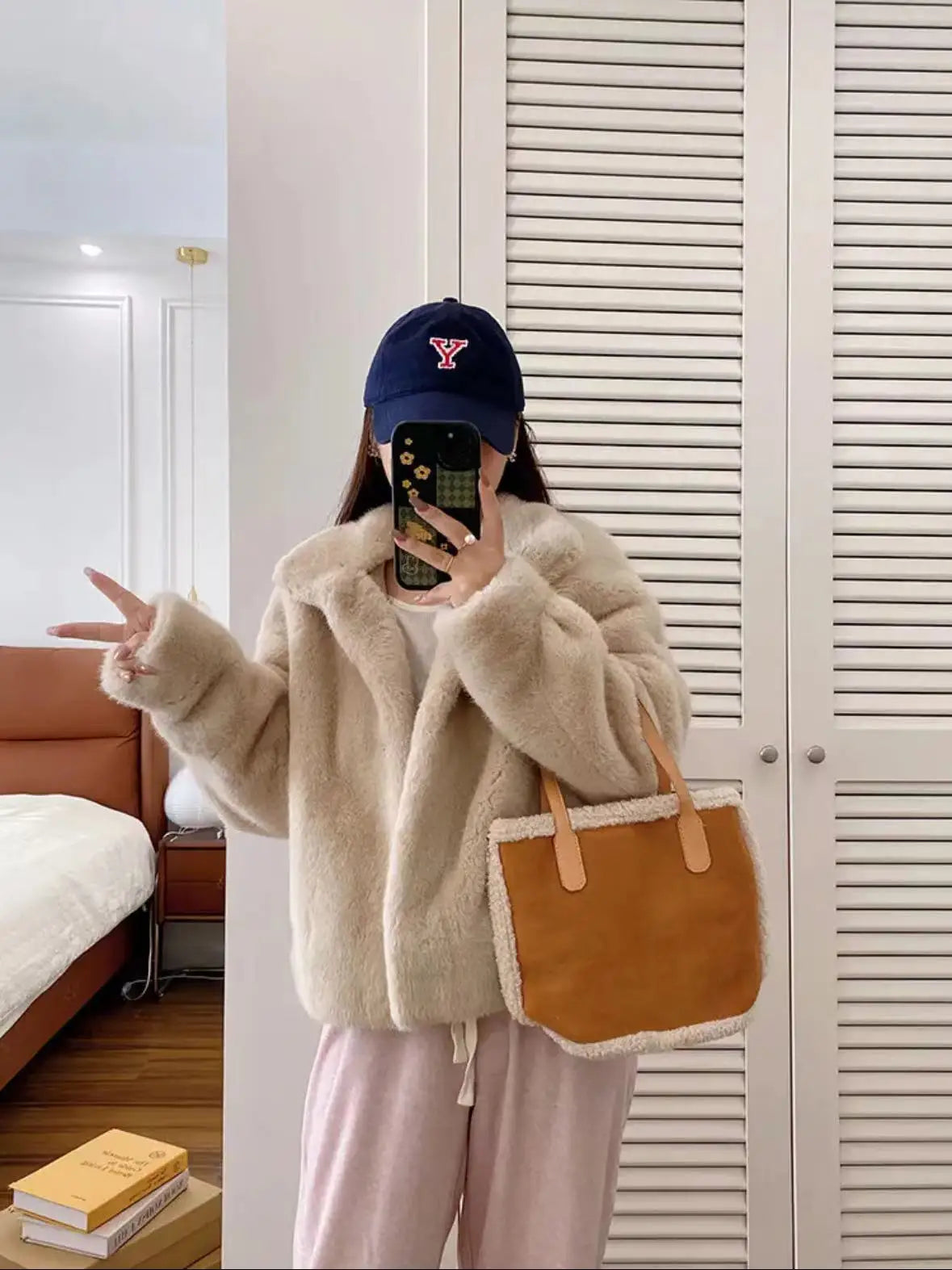 Golden Mink Lined Faux Fur Coat – Short Stand Collar Winter Jacket