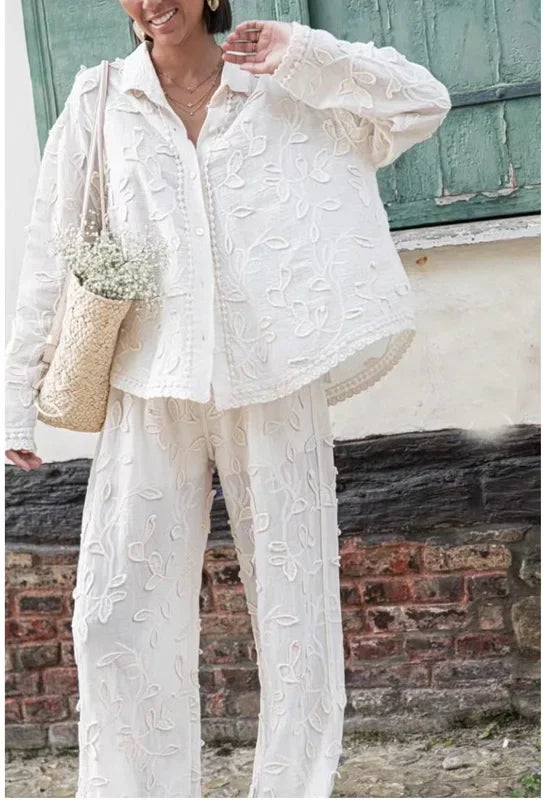 Women’s 2-Piece Suit – Elegant Long Sleeve Shirt & Wide Leg Pants