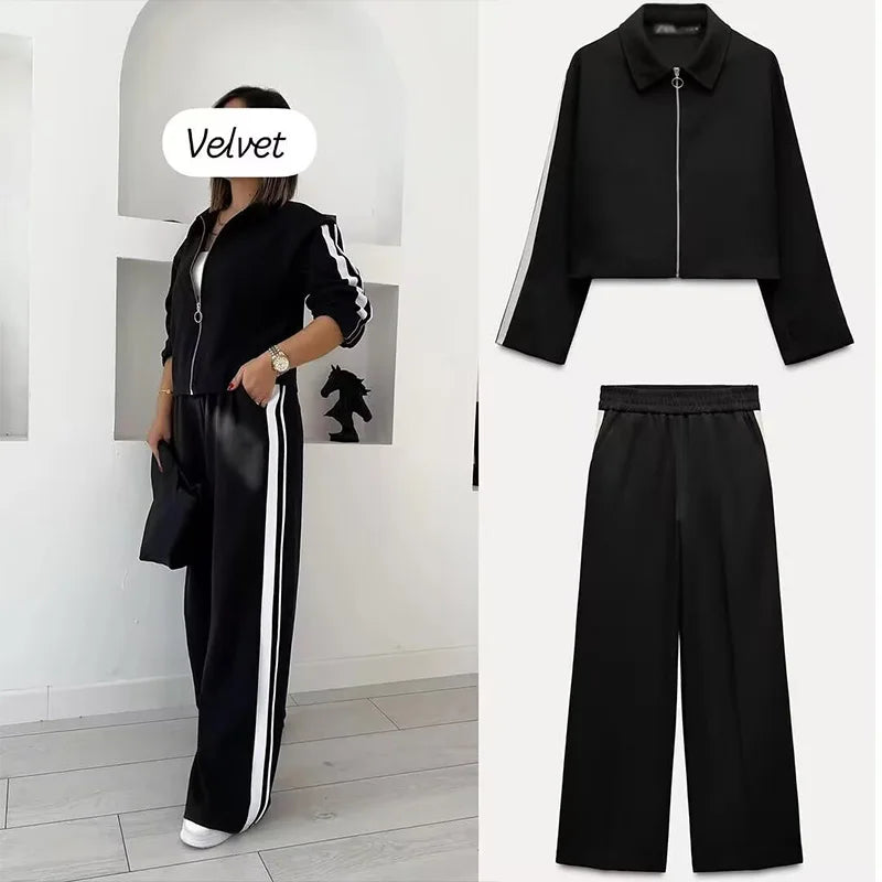 TRAFZA Vintage Women’s Outfit – Short Black Jacket & Black White Patchwork Pants