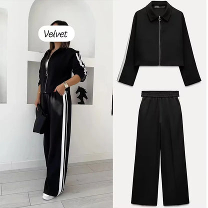 TRAFZA Vintage Women’s Outfit – Short Black Jacket & Black White Patchwork Pants
