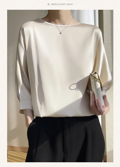 Elegant & Lightweight – Women’s Satin Silk Half-Sleeve Tee 2025