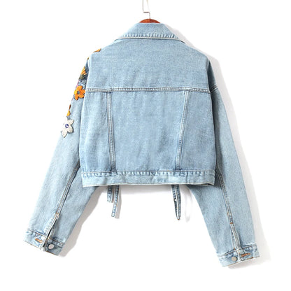 Floral Beaded Denim Jacket – Women’s Cowboy Cardigan Top with Ribbons