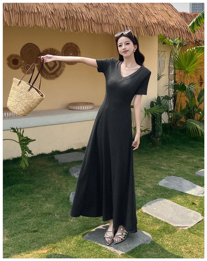 Casual Summer Dress – V-Neck Slim Waist Flared Skirt for Women