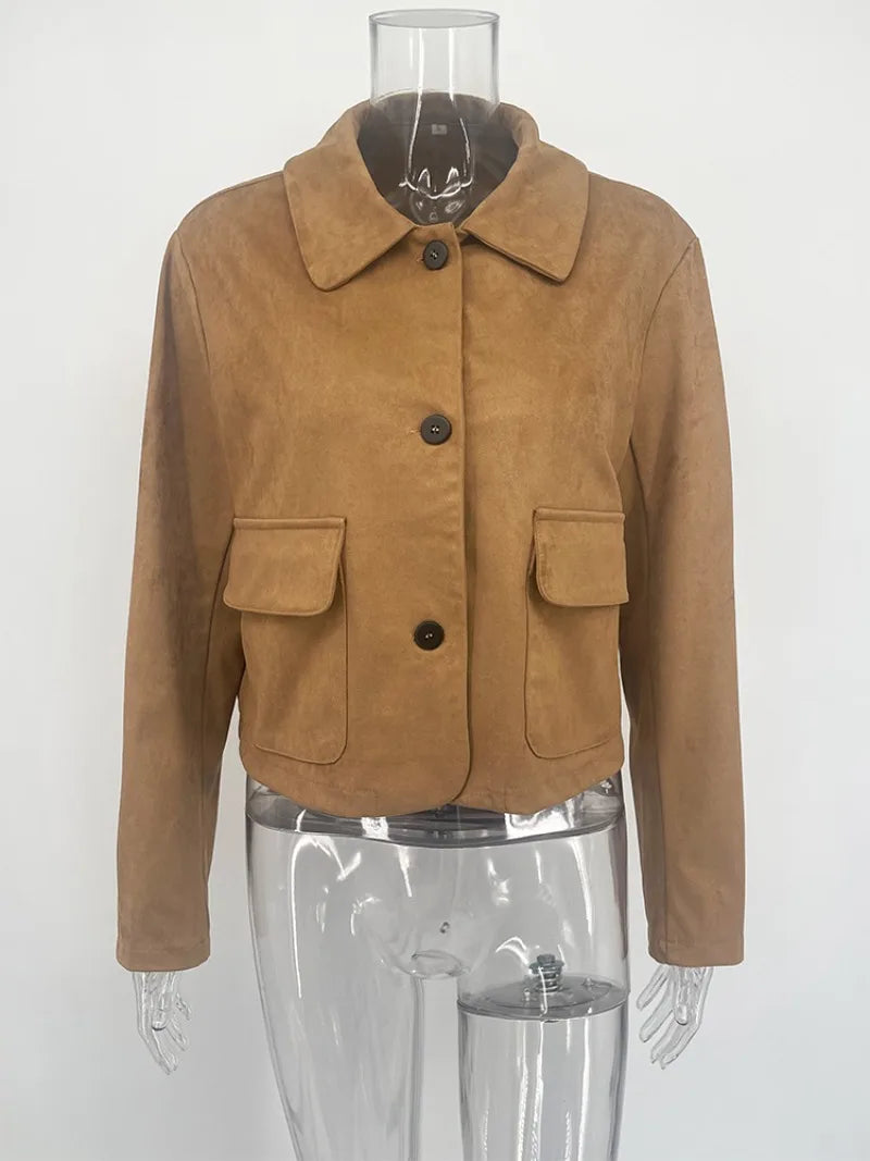 Women’s Casual Suede Jacket – Long Sleeve Solid Lapel Autumn Coat