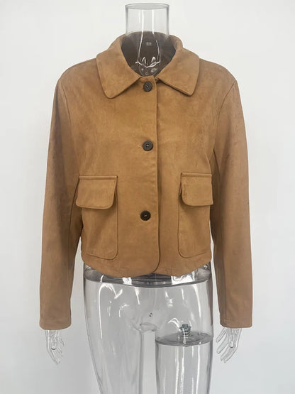 Women’s Casual Suede Jacket – Long Sleeve Solid Lapel Autumn Coat