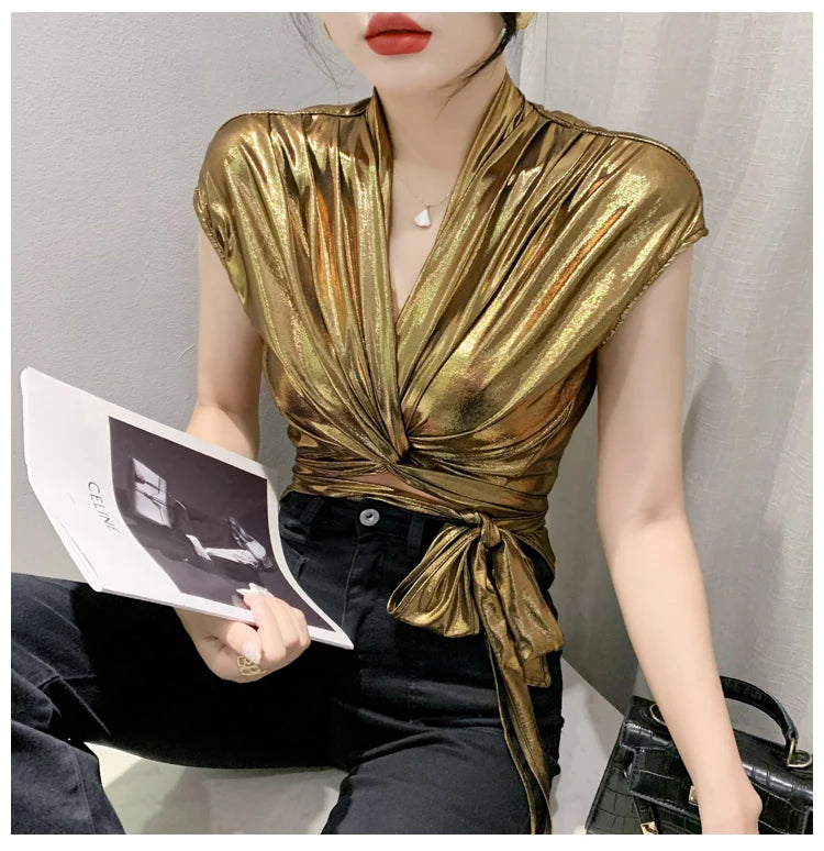 Shine & Chic – Metallic Short Sleeve Wrap Top for Women
