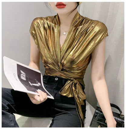 Shine & Chic – Metallic Short Sleeve Wrap Top for Women