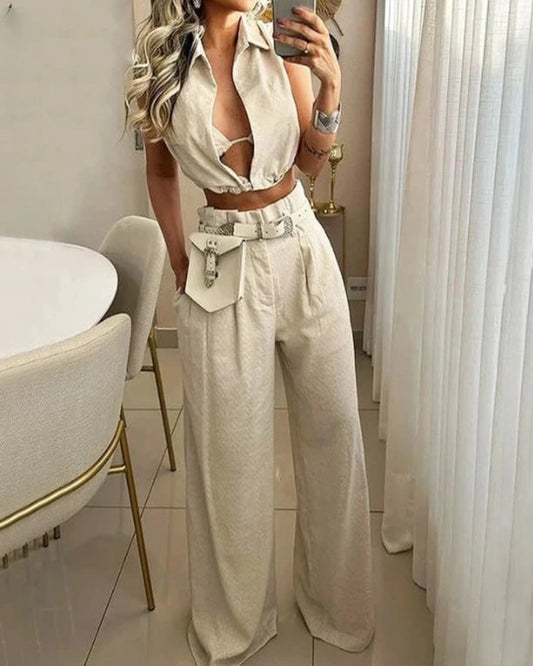 Casual Streetwear Set – Sleeveless Top & High Waist Wide Pants