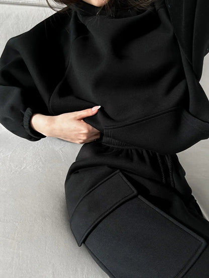 Autumn Winter Casual Outfit – Hoodie with Hood & Tied Waist Pants