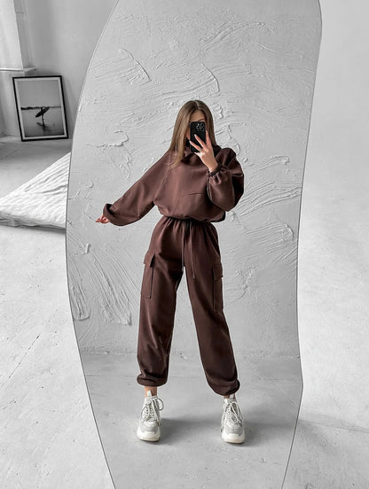 Autumn Winter Casual Outfit – Hoodie with Hood & Tied Waist Pants
