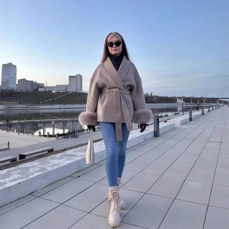 Elegant Woolen Coat – Women’s Full Sleeve Loose Short Coat with Belt