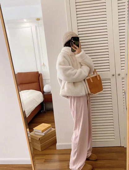 Golden Mink Lined Faux Fur Coat – Short Stand Collar Winter Jacket
