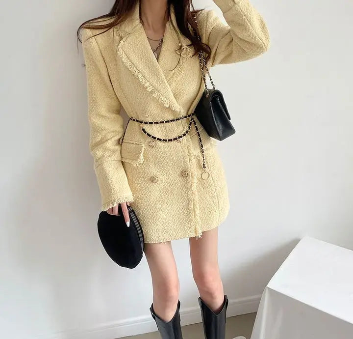 Waist Cinched Wool Coat – Women’s Chic Long Sleeve Double-Breasted Jacke