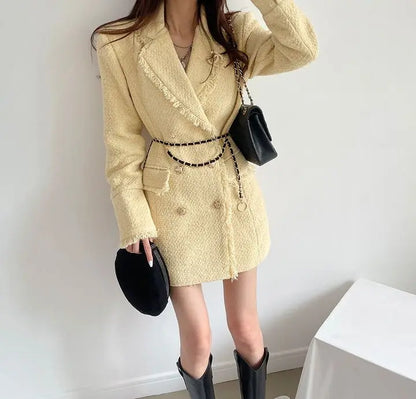 Waist Cinched Wool Coat – Women’s Chic Long Sleeve Double-Breasted Jacke