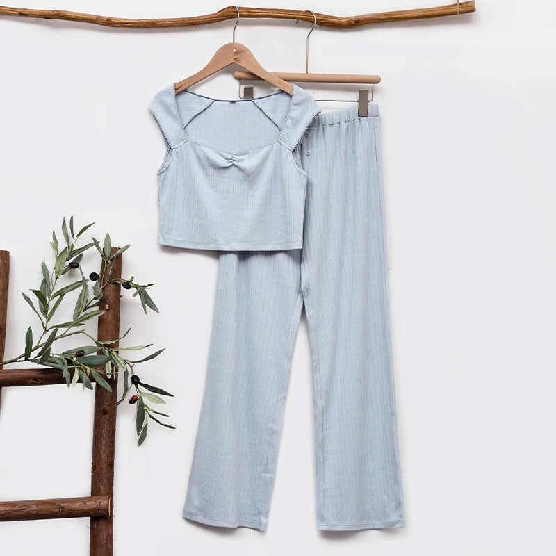 Women’s Fairycore Casual Set – Square Collar Crop Top & Pants
