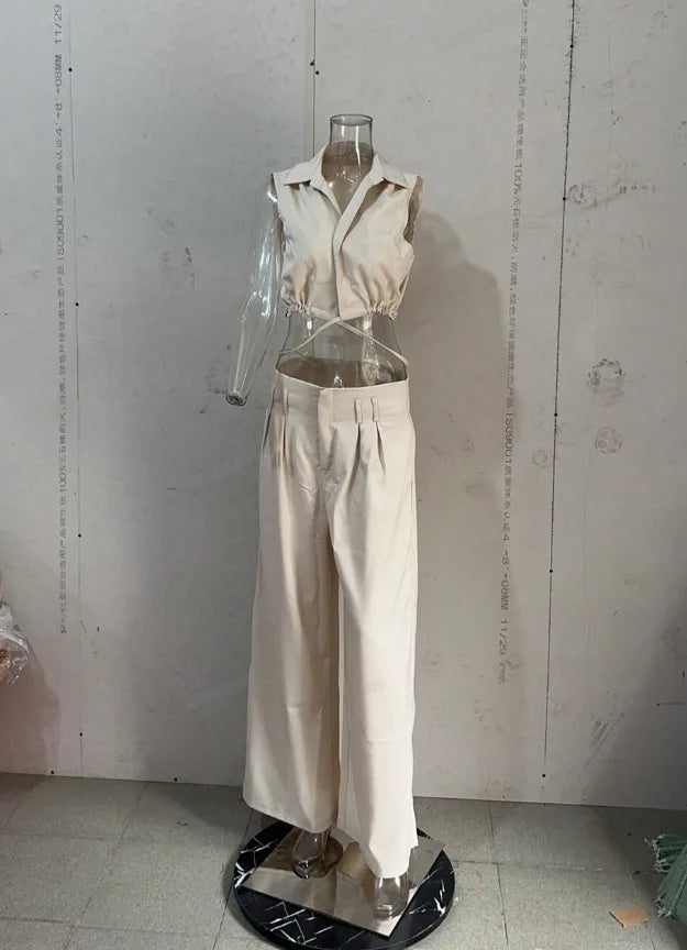 Casual Streetwear Set – Sleeveless Top & High Waist Wide Pants