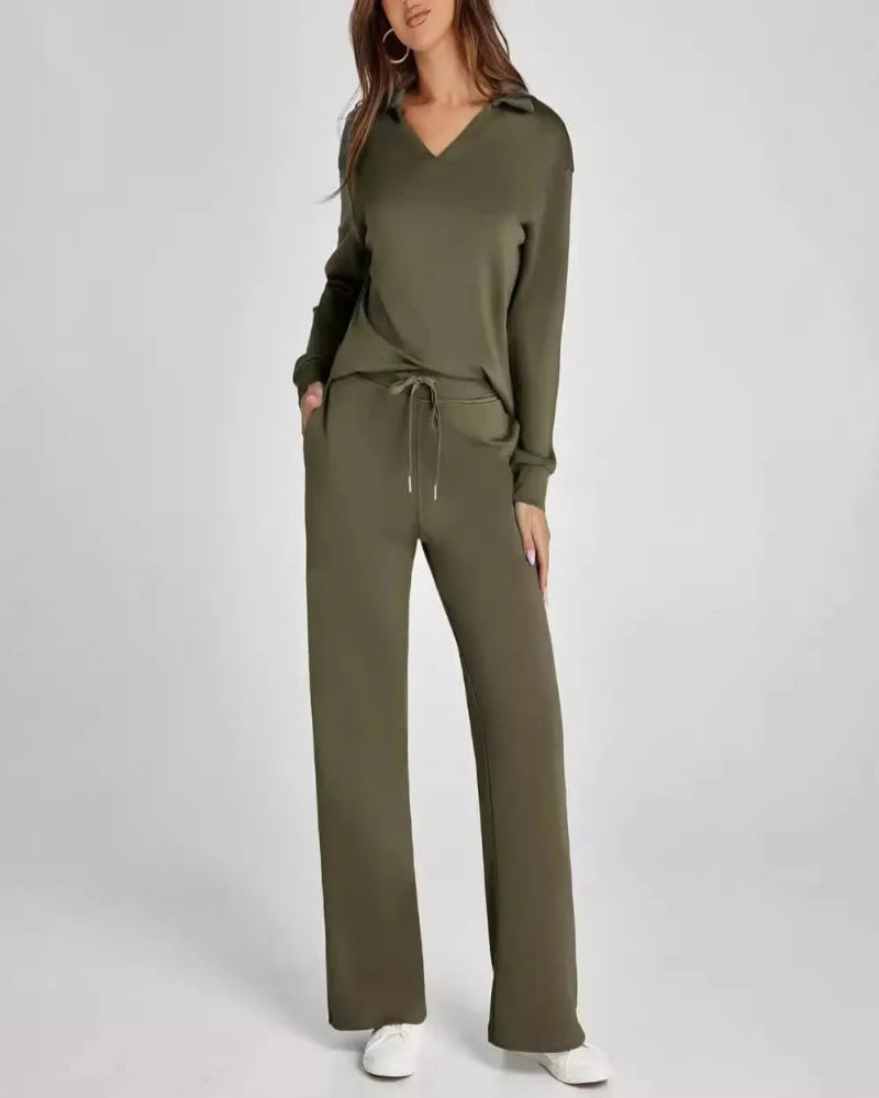 Spring Women’s Outfit – Loose V-Neck Top with Drawstring + Flared Trousers