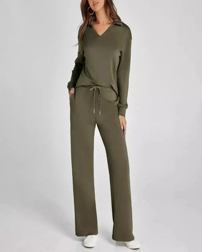 Spring Women’s Outfit – Loose V-Neck Top with Drawstring + Flared Trousers