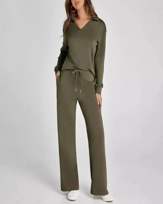 Spring Women’s Outfit – Loose V-Neck Top with Drawstring + Flared Trousers