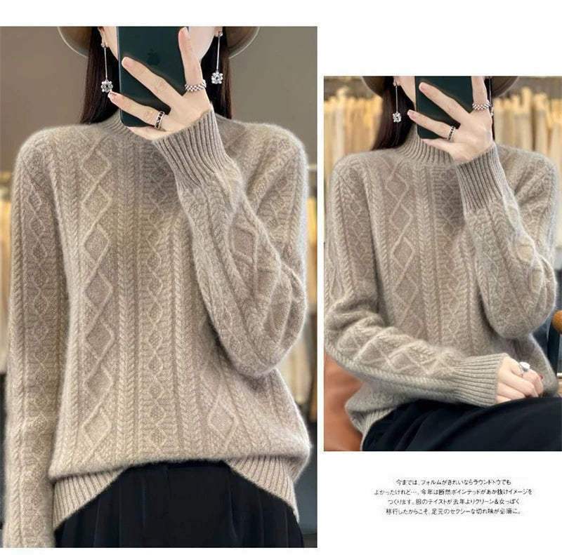 Korean Style Women’s Sweater – 100% Merino Wool Turtleneck Top