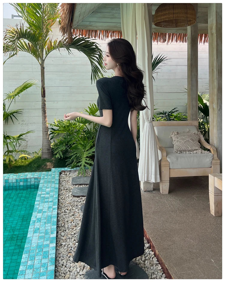 Casual Summer Dress – V-Neck Slim Waist Flared Skirt for Women