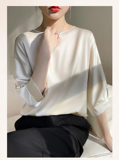 Elegant & Lightweight – Women’s Satin Silk Half-Sleeve Tee 2025