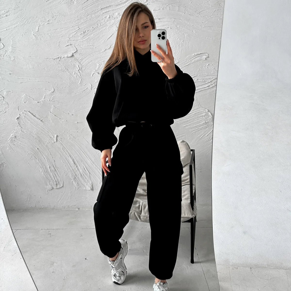 Autumn Winter Casual Outfit – Hoodie with Hood & Tied Waist Pants
