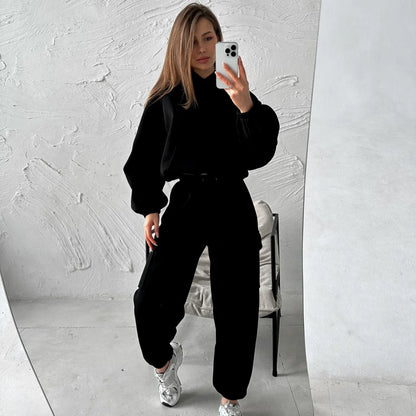 Autumn Winter Casual Outfit – Hoodie with Hood & Tied Waist Pants