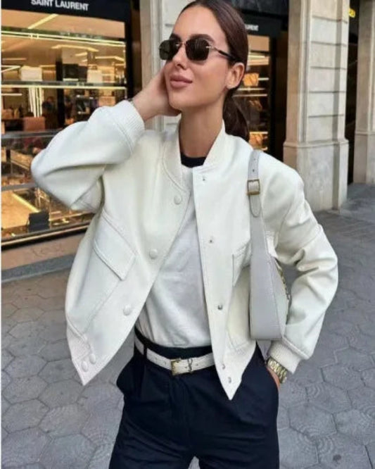 Women’s Spring Bomber Coat – Solid Color Fashion Long Sleeve Top