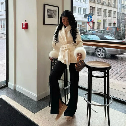 Elegant Woolen Coat – Women’s Full Sleeve Loose Short Coat with Belt