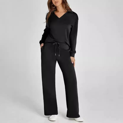 Spring Women’s Outfit – Loose V-Neck Top with Drawstring + Flared Trousers