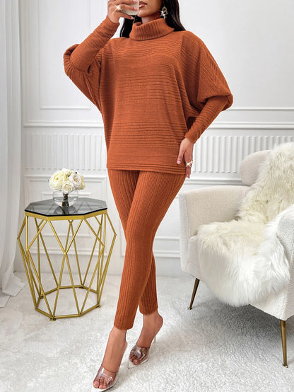 Street Style Two-Piece – High-Neck Top & Slim Knit Pants for Women