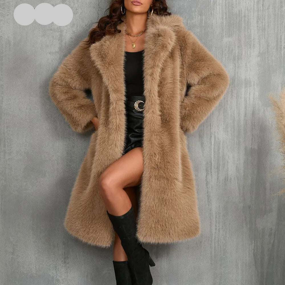 Plus Size Faux Fur Long Coat – Women’s Winter Thick Fluffy Jacket