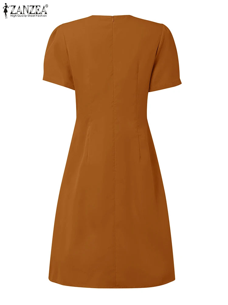 Women’s Summer Pleated Dress – V-Neck Puff Sleeve Party Dress