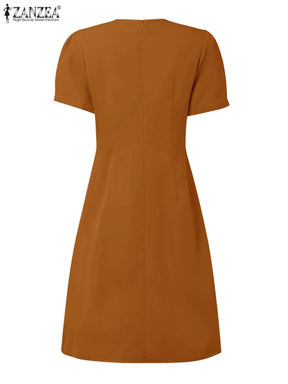 Women’s Summer Pleated Dress – V-Neck Puff Sleeve Party Dress