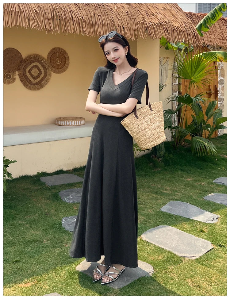 Casual Summer Dress – V-Neck Slim Waist Flared Skirt for Women