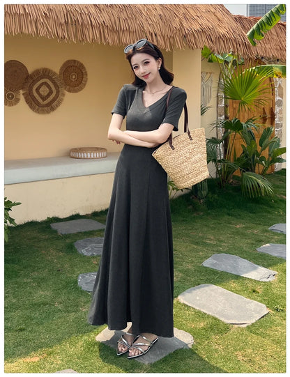 Casual Summer Dress – V-Neck Slim Waist Flared Skirt for Women