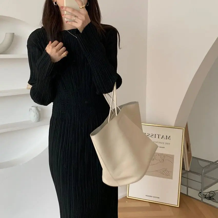 Elegant Women’s Dress – Korean Chic Long Sleeve Pleated Skirt Dress