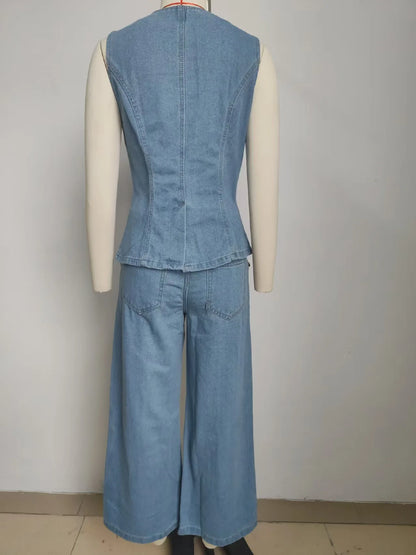 Trendy Two-Piece Set – Sleeveless Darted Vest with Wide-Leg Trousers