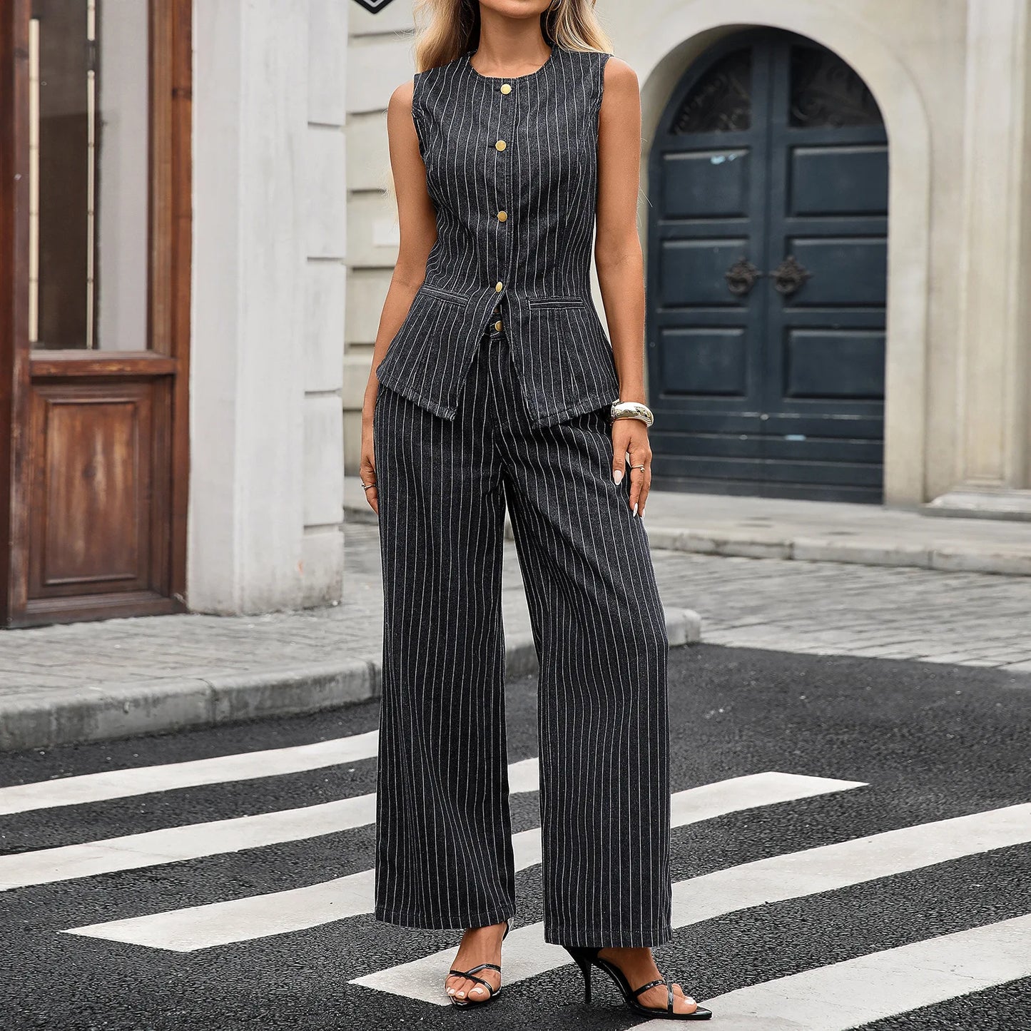 Trendy Two-Piece Set – Sleeveless Darted Vest with Wide-Leg Trousers