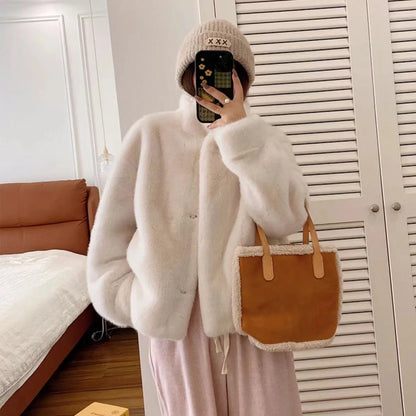 Golden Mink Lined Faux Fur Coat – Short Stand Collar Winter Jacket