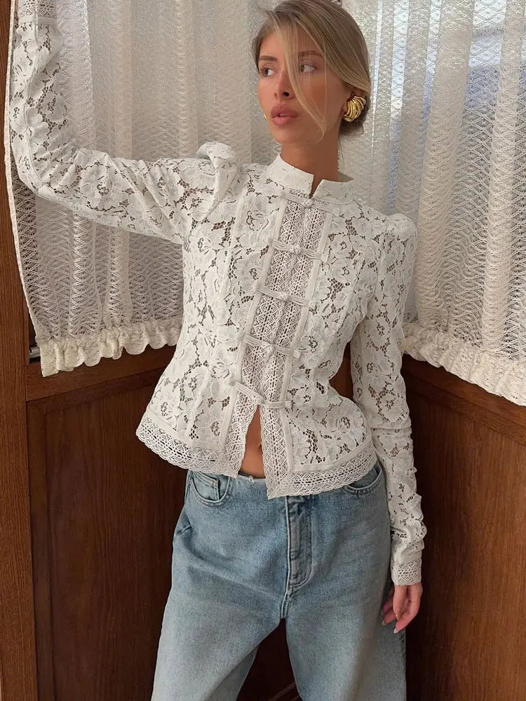Fashion Commute Top – Hollow Out Lace See-Through Shirt