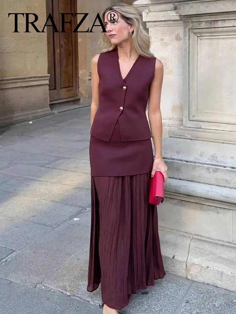 Wine Red Knitted Vest & High Waist Long Skirt – TRAFZA 2025 Women’s Set